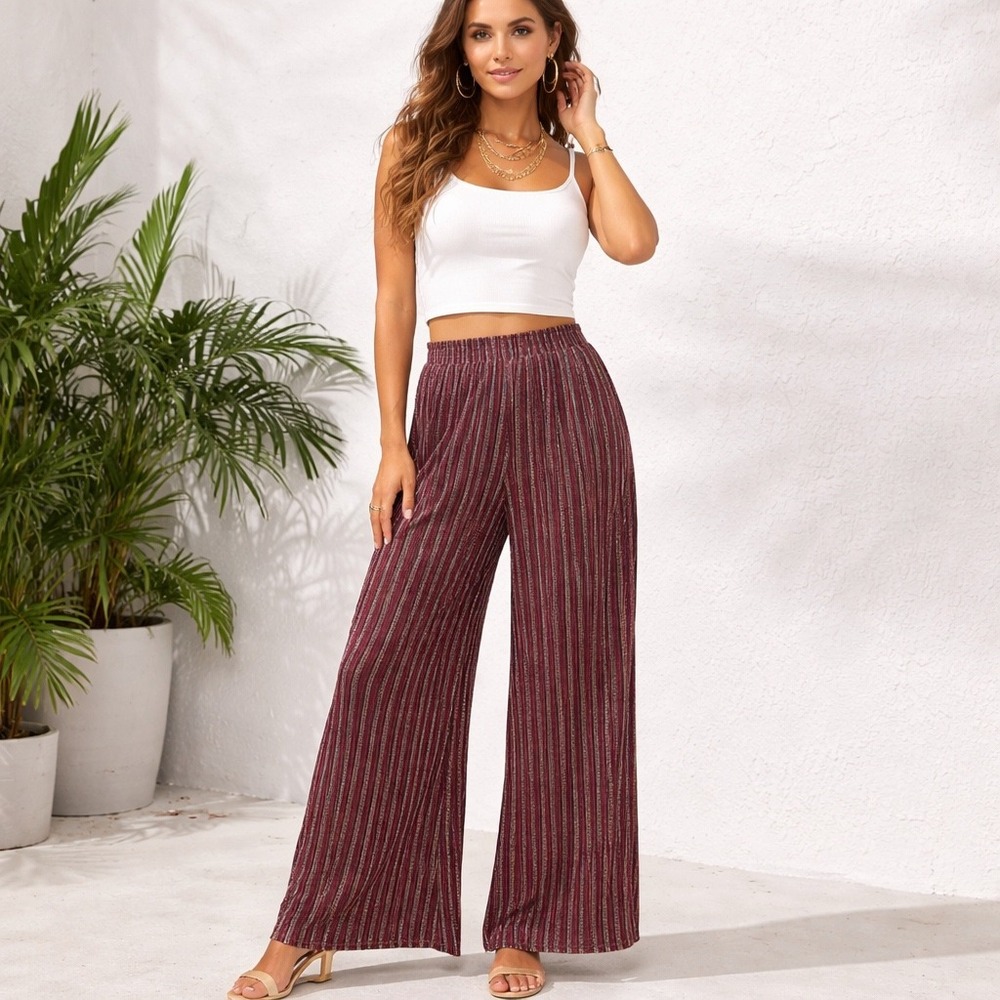 Evening by Eci Pants Women's Large Wide-Leg Striped Boho Beach Metallic Shimmer‎